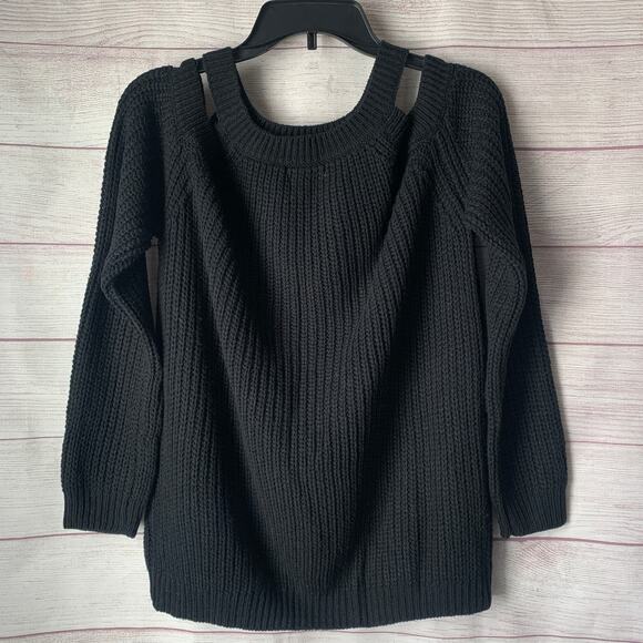 Cozy Casual Black Cold Shoulder Ribbed Knit Sweater Long Sleeves Size S/M - Picture 11 of 16